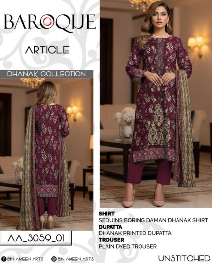Baroque Dhanak Collection - Maroon & Olive Floral Unstitched 3-Piece Suit