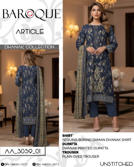 Baroque Dhanak Collection - Royal Blue & Gold Floral Unstitched 3-Piece Suit