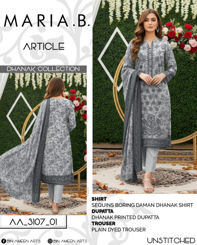 Maria B. Dhanak Collection - Elegant Grey Floral Unstitched 3-Piece Suit