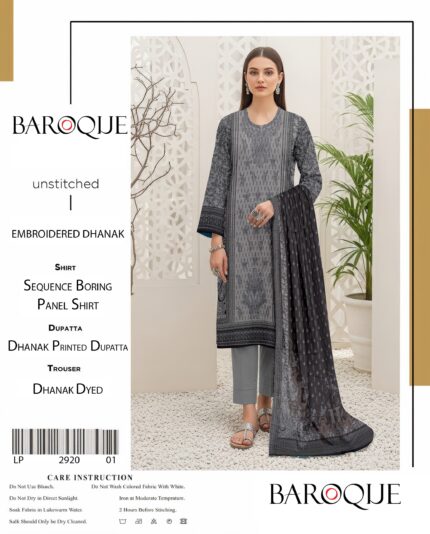 Baroque Embroidered Dhanak Unstitched 3-Piece Suit with Printed Dupatta - Grey