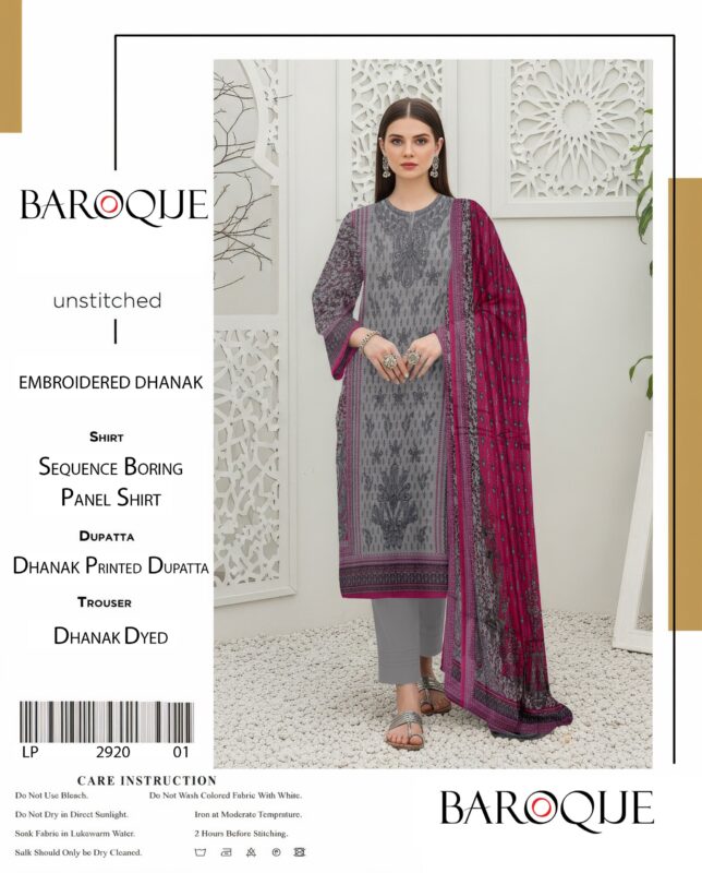 Baroque Embroidered Dhanak Unstitched 3-Piece Suit with Printed Dupatta