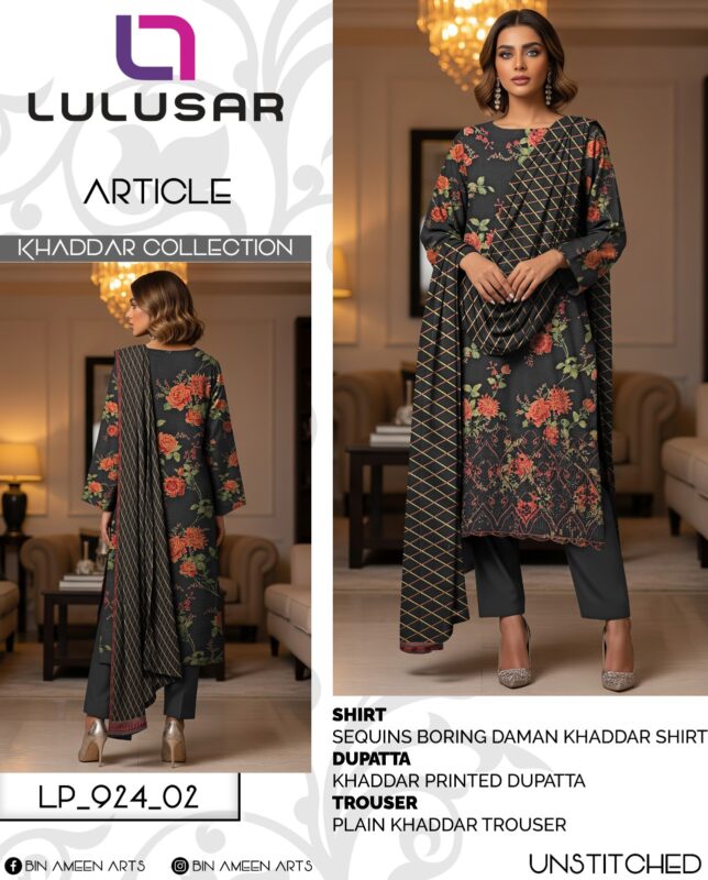 Black Floral Khaddar Unstitched 3-Piece Suit