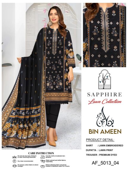 Sapphire Lawn Collection - Black Embroidered 3-Piece Suit with Autumn Floral Prints
