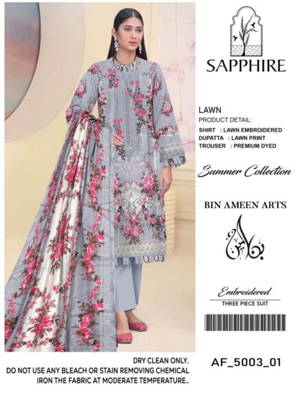 Sapphire Summer Collection - Light Grey Embroidered Lawn Suit with Vibrant Pink Florals