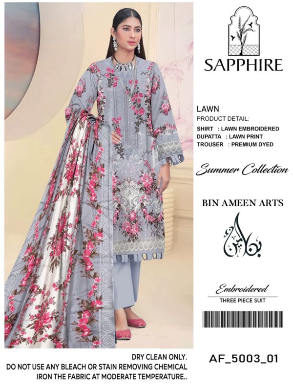 Sapphire Summer Collection - Light Grey Embroidered Lawn Suit with Vibrant Pink Florals