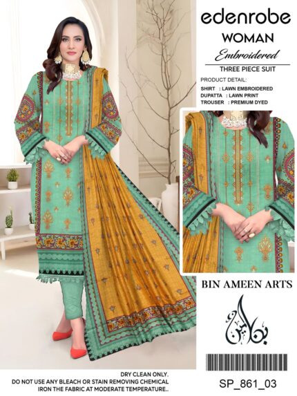 Edenrobe Woman Embroidered Lawn 3-Piece Suit - Mint & Gold