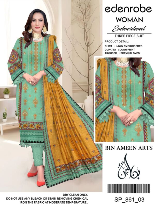 Edenrobe Woman Embroidered Lawn 3-Piece Suit - Mint & Gold