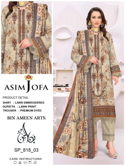 Asim Jofa Elegant Beige Embroidered Lawn 3-Piece Suit with Floral Print