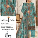 Asim Jofa Elegant Teal Embroidered Lawn 3-Piece Suit with Floral Print