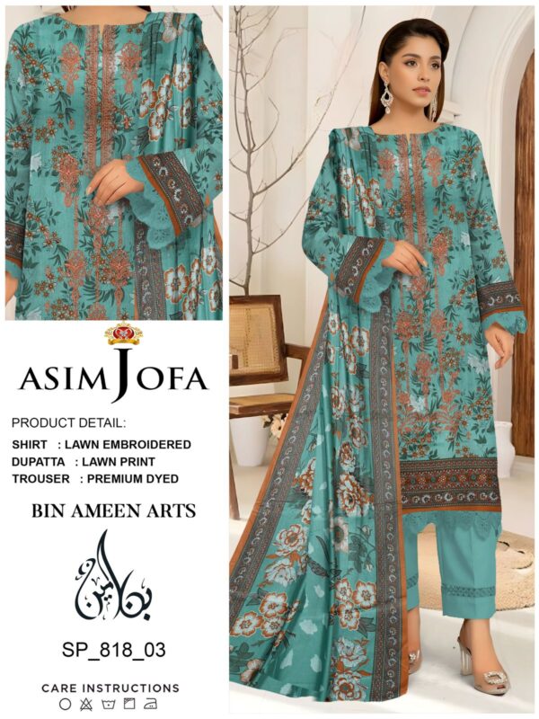 Asim Jofa Elegant Teal Embroidered Lawn 3-Piece Suit with Floral Print