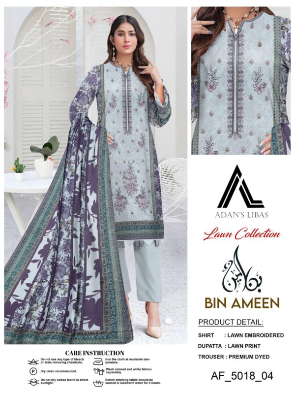 Adan's Libas Lawn Collection - Elegant Light Grey Embroidered 3-Piece Suit