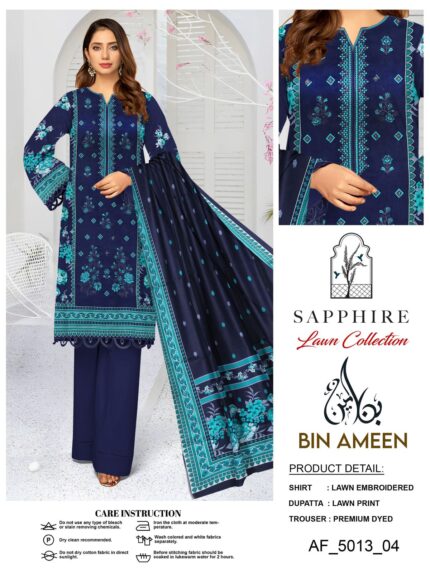 Sapphire Lawn Collection - Deep Blue Embroidered 3-Piece Suit with Floral Prints