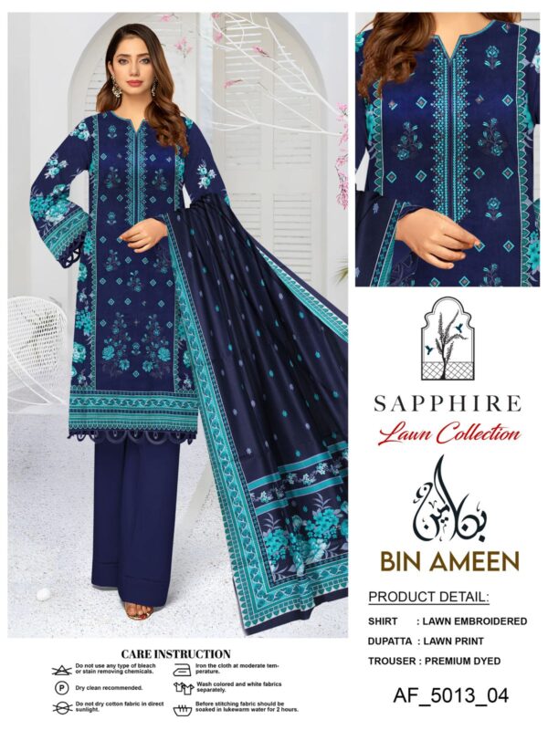 Sapphire Lawn Collection - Deep Blue Embroidered 3-Piece Suit with Floral Prints